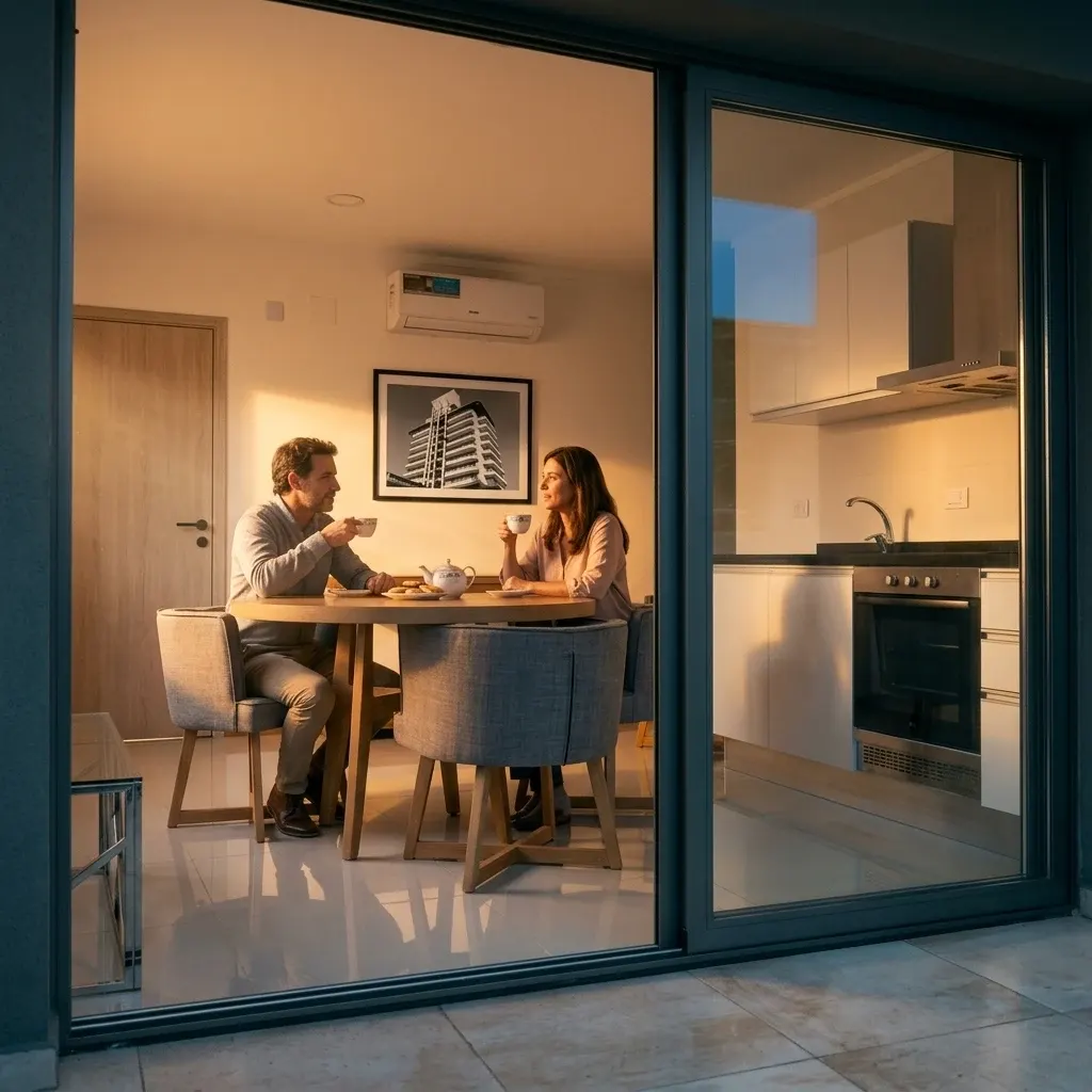 Pareja desayunando en el living comedor, con la cocina integrada de fondo