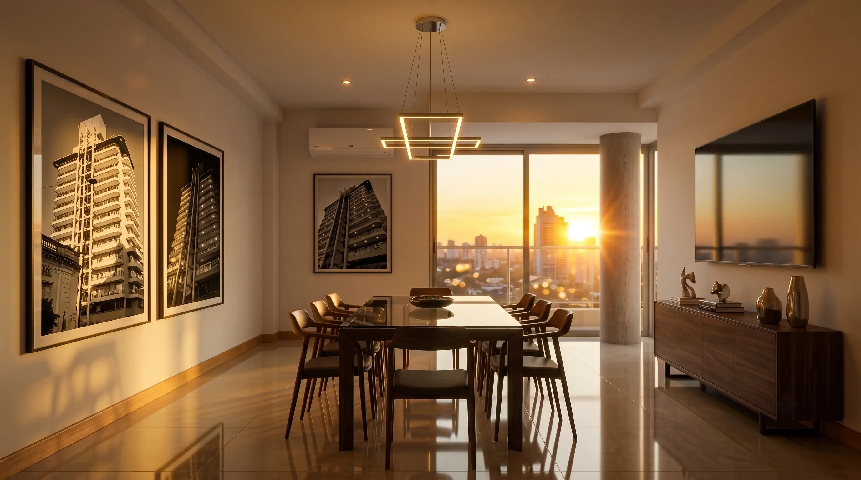 Comedor con mesa para ocho, cuadros de la ciudad y vista al atardecer
